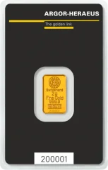 2g Argor-Heraeus Gold Bar Front Side in original protective packaging with Certificate of Authenticity 2g Argor-Heraeus Gold Bar Front Side in original protective packaging with Certificate of Authenticity