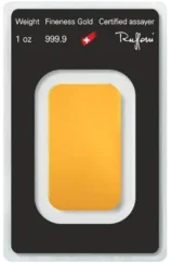 1 Oz Argor-Heraeus Gold Bar (31.1g) reverse side in original protective blister packaging with Certificate of Authenticity