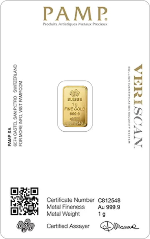 1g PAMP Fortuna Gold Bar Reverse Side in original CertiPAMP® packaging with Certificate of Authenticity